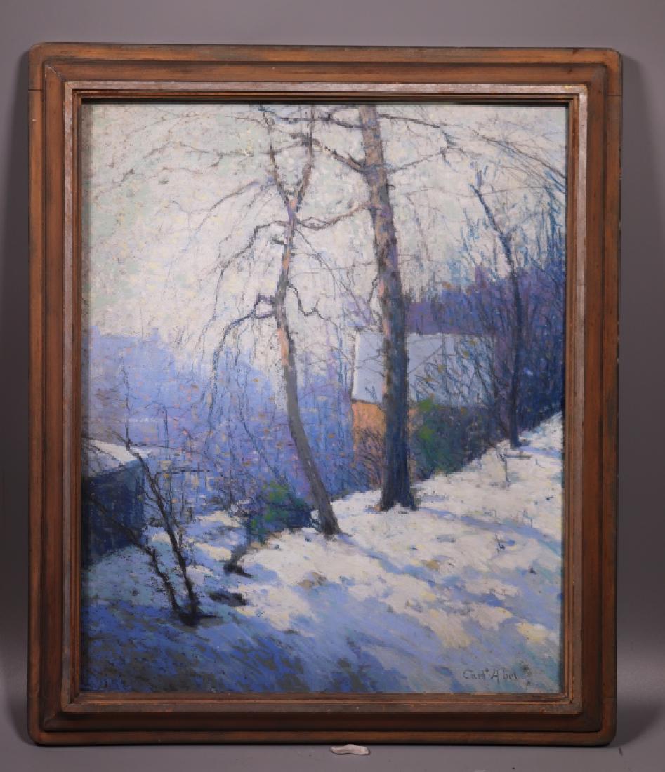 Carl Abel; American Pastel Impressionist Snow: Carl Abel; American Impressionist Pastel on Board, City in Snow from Park height; signed "Carl Abel" lower right; framed behind glass for protection. Appears in good condition, not examined out of fra