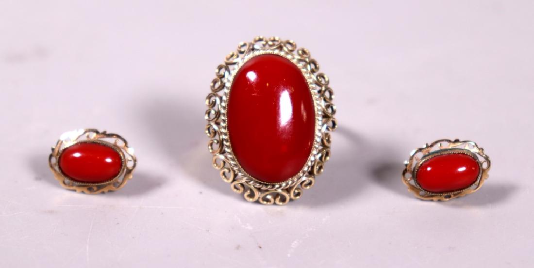 Good Ox-Blood Coral Cabochon Ring & Earring Set (1 of 8)