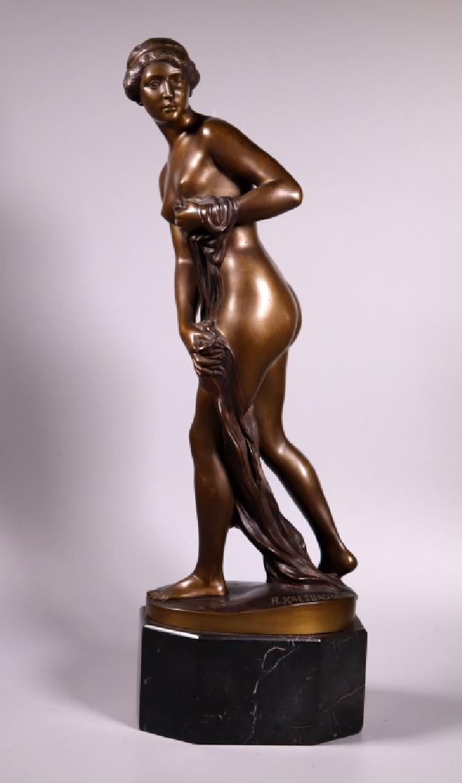 Rudolf Kaesbach; Bronze Female Nude Nausicaa 1911: Rudolf Kaesbach (Berlin, German, 1873–1955); Fine Bronze Female Nude, "Nausicaä, 1911", on polished Black or Dark Green Marble Octagon Base, finely detailed face, hands and feet, the skin lightly g