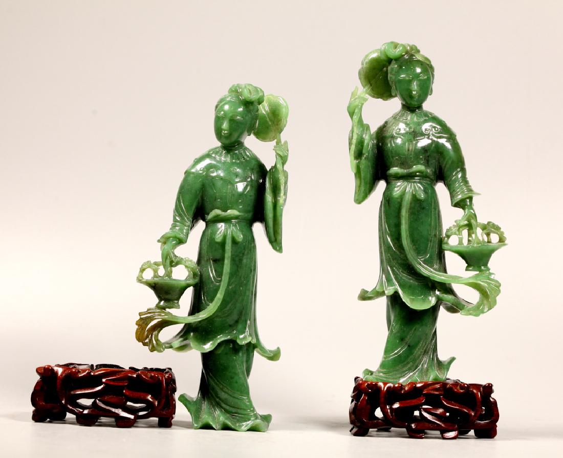 Fine Chinese Mirror Pair Green Jade Lady Figures (1 of 10)