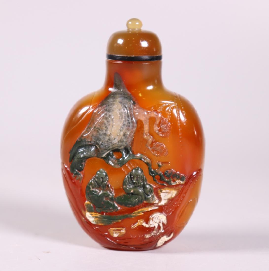 Chinese 19 C Carnelian Agate & Jasper Snuff Bottle: Chinese 19 Century Carnelian Agate & Jasper Snuff Bottle, the side with quartz, green jasper saw-tooth rocks and green jasper Scholars watching a white water bird and lingzhi, the reverse with a moon 