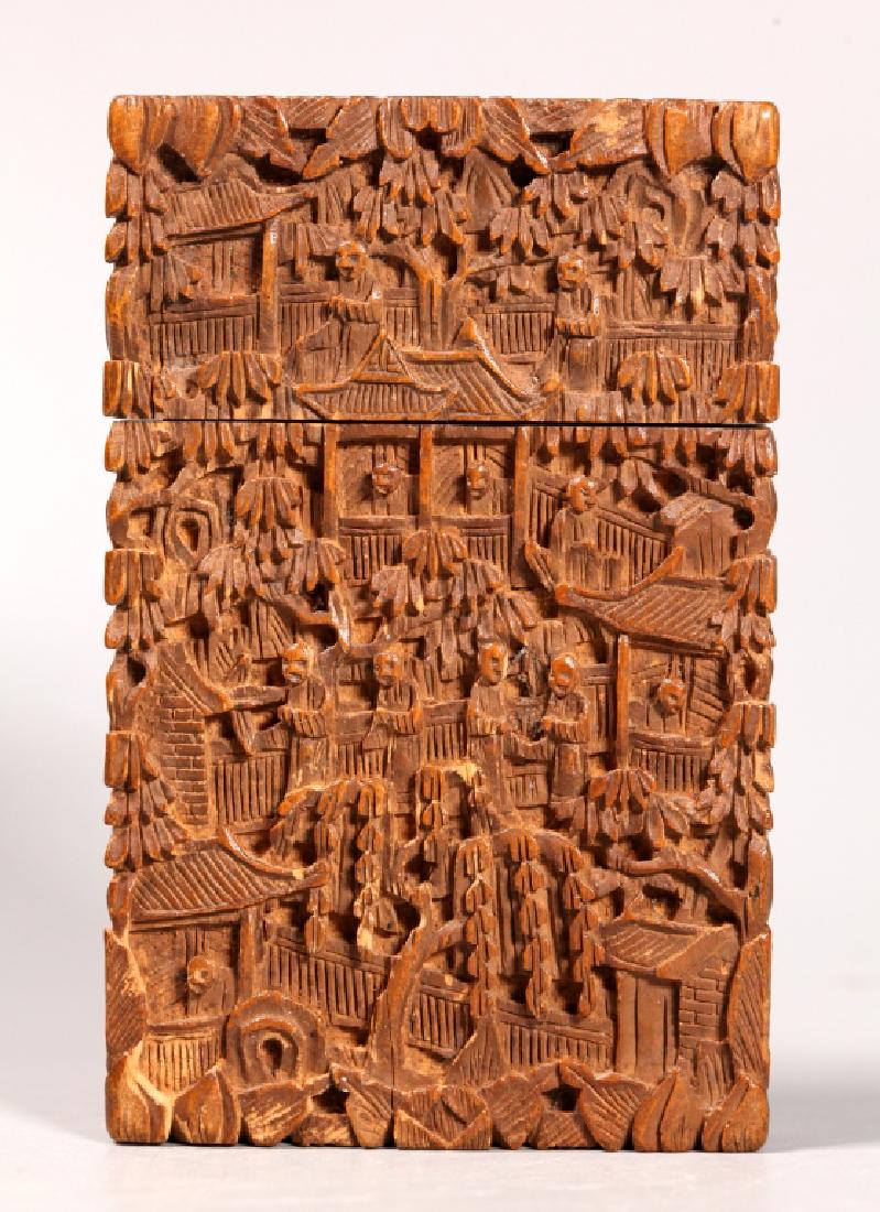 Chinese 19 C Carved Sandalwood Card Case: Chinese 19 Century Carved Sandalwood Card Case carved and hollowed from one piece of sandalwood with figures, pavilions and gardens in high relief. Good condition with 3 small, short shrinkage lines a