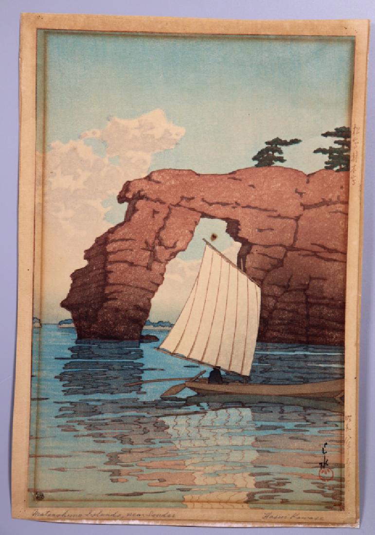 Hasui Kawase; Japanese Woodblock, '33 Matsushima: Kawase Hasui (1883-1957); Japanese Woodblock, 1933 Matsushima Islands near Sendai, signed and tiled in lower margin. Age related wear, paper burns at edges, corners with pin pricks. Height 15 inches (
