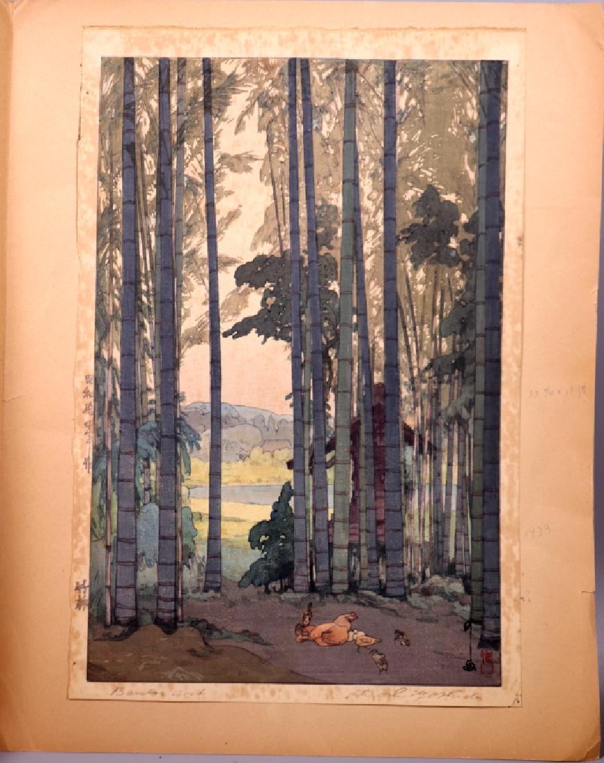 Hiroshi Yoshida; "Bamboo Wood" 1939 Woodblock: Hiroshi Yoshida (Japanese, 1876–1950); Bamboo Wood, 1939 woodblock print, stamped signature and title in pencil in margins. Good condition with age related foxing to paper, print mounted to paper at