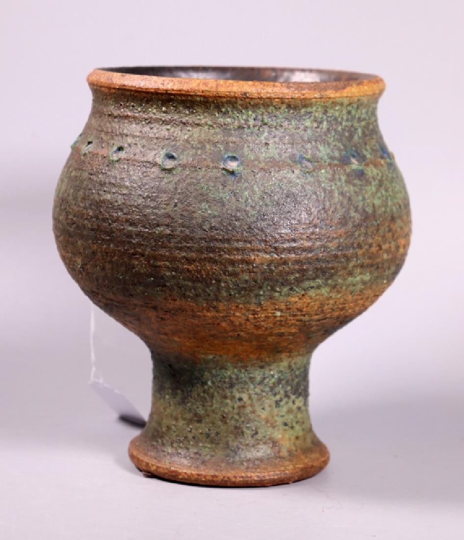 Mascitti Lindh, Arabia Finland Unique Stoneware: Francesca Mascitti-Lindh (Finnish, born 1931) for Arabia, Finland; Unique chamotte stoneware vase or high-footed bowl with a ring of concave bosses near mouth and a matte glaze in turquoise-green and 