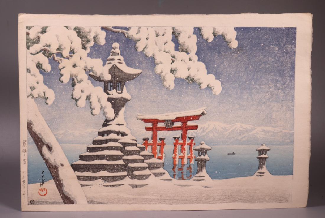 Kawase Hasui; Japanese Woodblock; Itsukushima: Hasui Kawase (Japanese, 1883–1957); Japanese Woodblock Print; Snow at Itsukushima (Itsukushima no yuki) 1932. Height 15 1/2 inches (39.3 cm.) X width10 1/2 inches (26.7 cm.).
