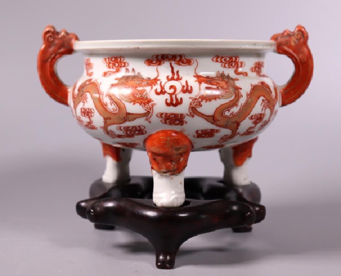 Chinese Qing Blanc de Chine Censer; Red Dragons (1 of 10)