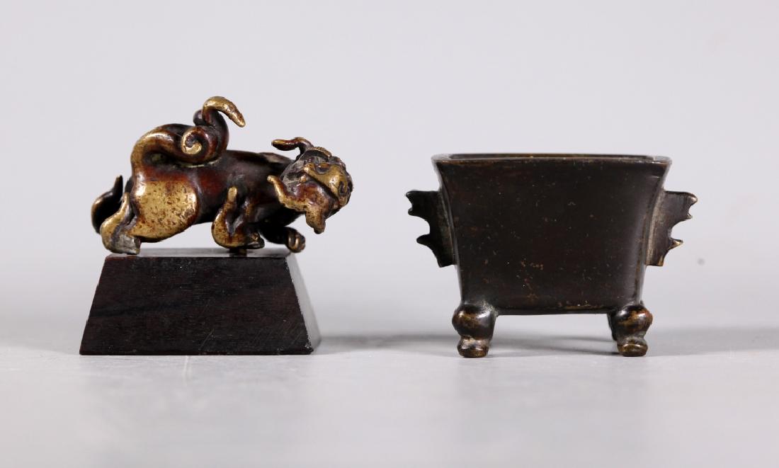 2 Chinese Antique Bronze Miniatures; Ding & Lion (1 of 9)