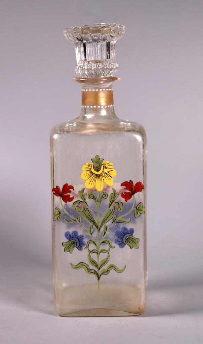 Heckert Bohemian "Potocki" 1634 Armorial Bottle: Fritz Heckert; Bohemian Enameled Bottle marked "Potocki / Pilawa" and 1634 with colored flowers and an Armorial, hand blown into a 4 sided mold, enameled on base "FH / 438 / 2 I" over the polished pon