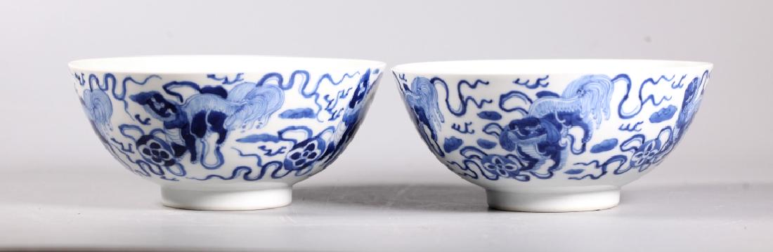 Pr Chinese 19C Blue & White Porcelain Fu Dog Bowls (1 of 9)