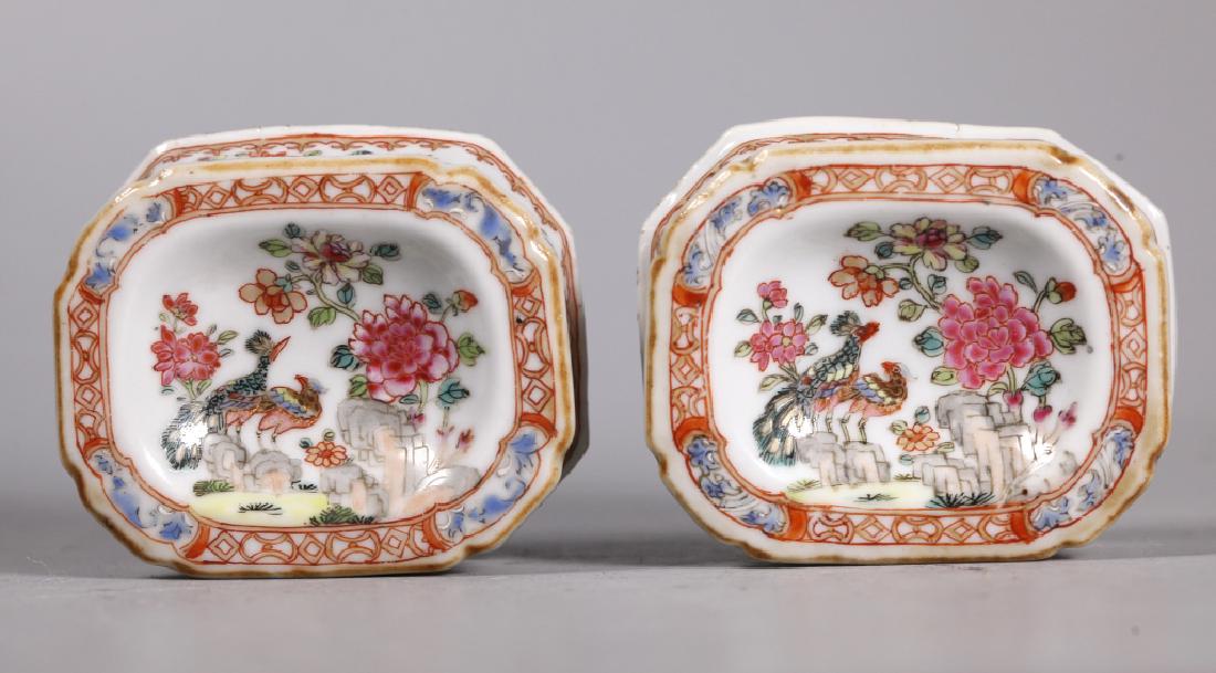 Pr Chinese Early 18 C Porcelain Salt Cellar Dishes: Pr Chinese Early 18 C Porcelain Salt Cellar Dishes in the shape of European Silver prototypes, well painted with Peacock and Peonies with most of the gold highlighting. Good condition. Width 3 1/4 inc