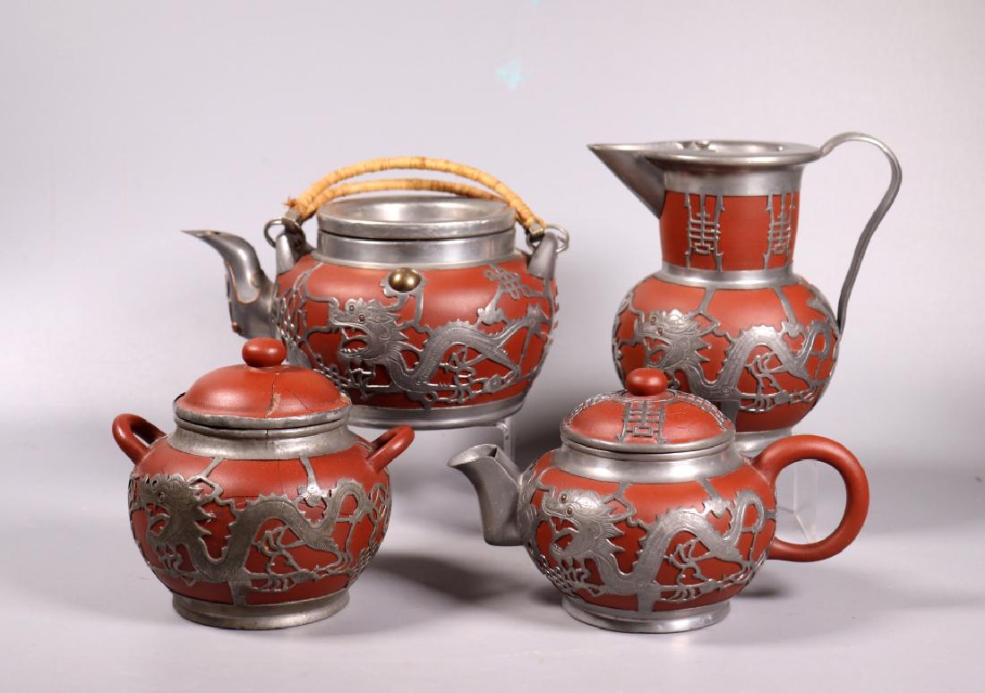 Qing Chinese 4 Piece Yixing & Pewter Teapot Set (1 of 12)