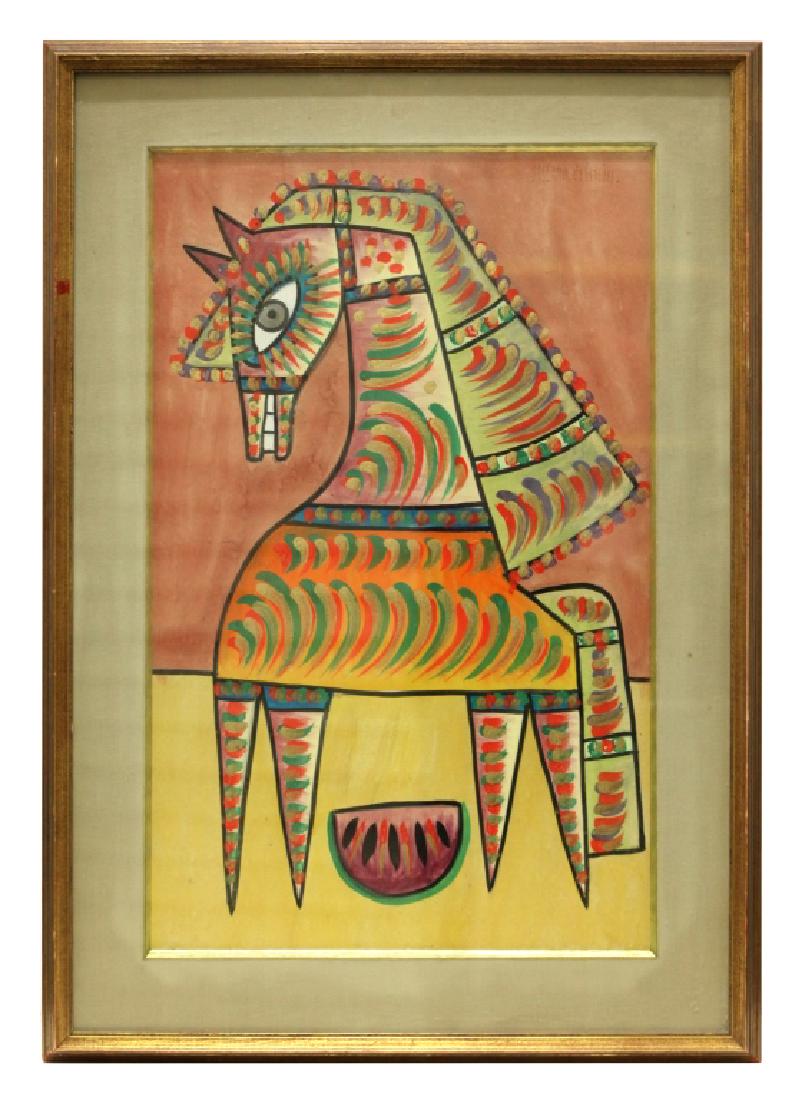 Jose Maria de Servin Mexican Toy Horse Painting: Jose Maria de Servin (Mexico, born 1917); Mexican Toy Horse, watercolor on paper or board, signed upper right recto, "jose ma. de Servin", matted and framed. Appears in good condition, not examined ou