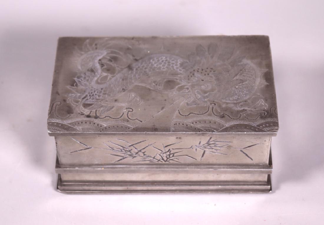 Chinese Antique Pewter Covered Box Incised Design (1 of 6)
