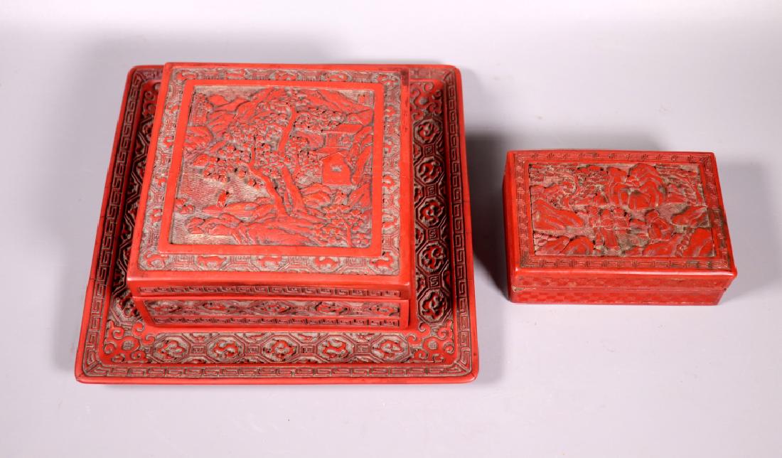 3 Lacquers; Chinese Carved Box, Square Box & Tray (1 of 6)