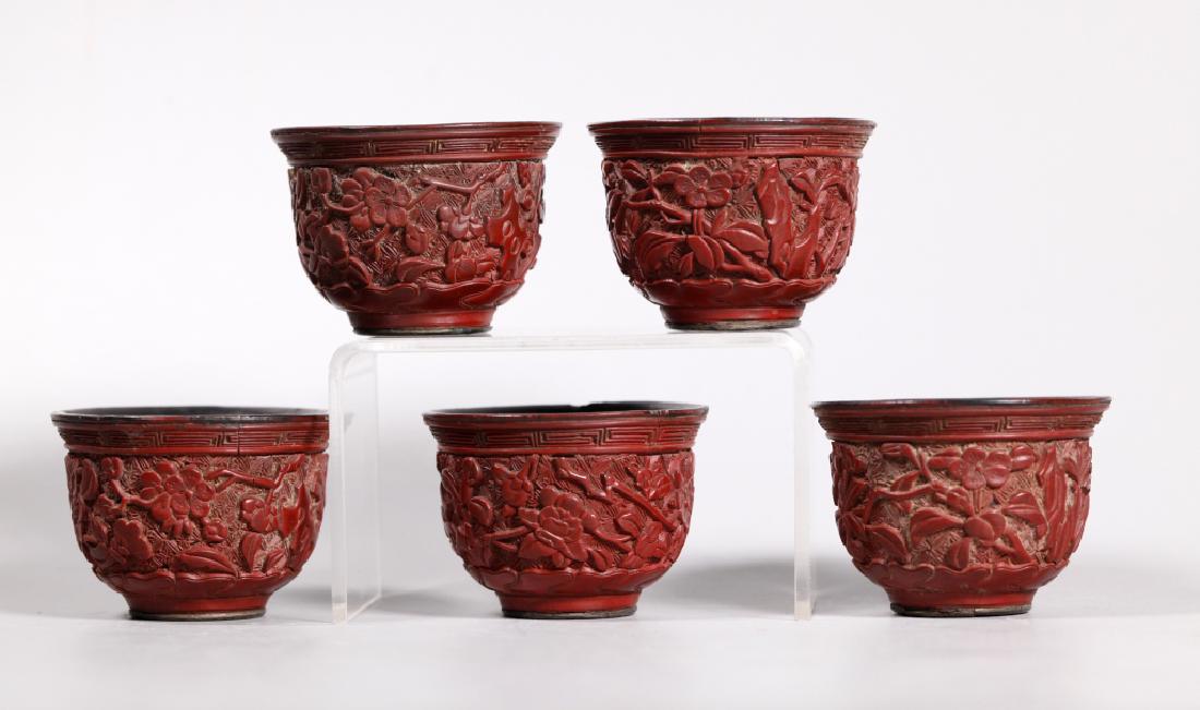 Rare Set 5 Chinese 17/18 C Cinnabar Lacquer Cups (1 of 8)