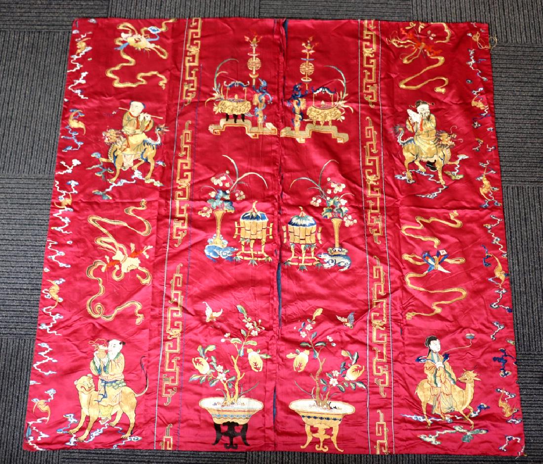 Pr Chinese 19 Century Gold & Red Silk Embroideries (1 of 9)
