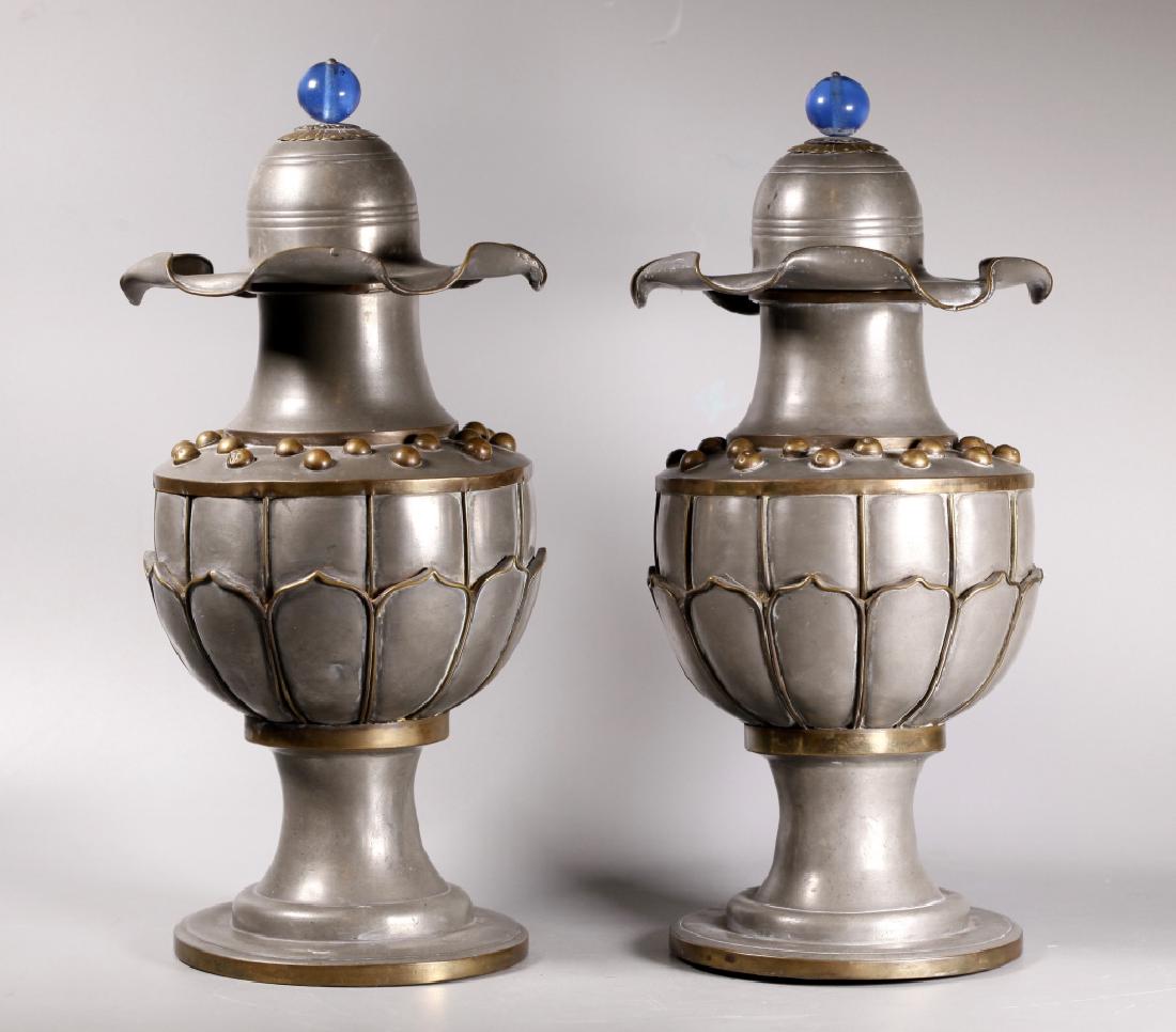 Pair Chinese Qing Dynasty Pewter Lotus Urns (1 of 9)