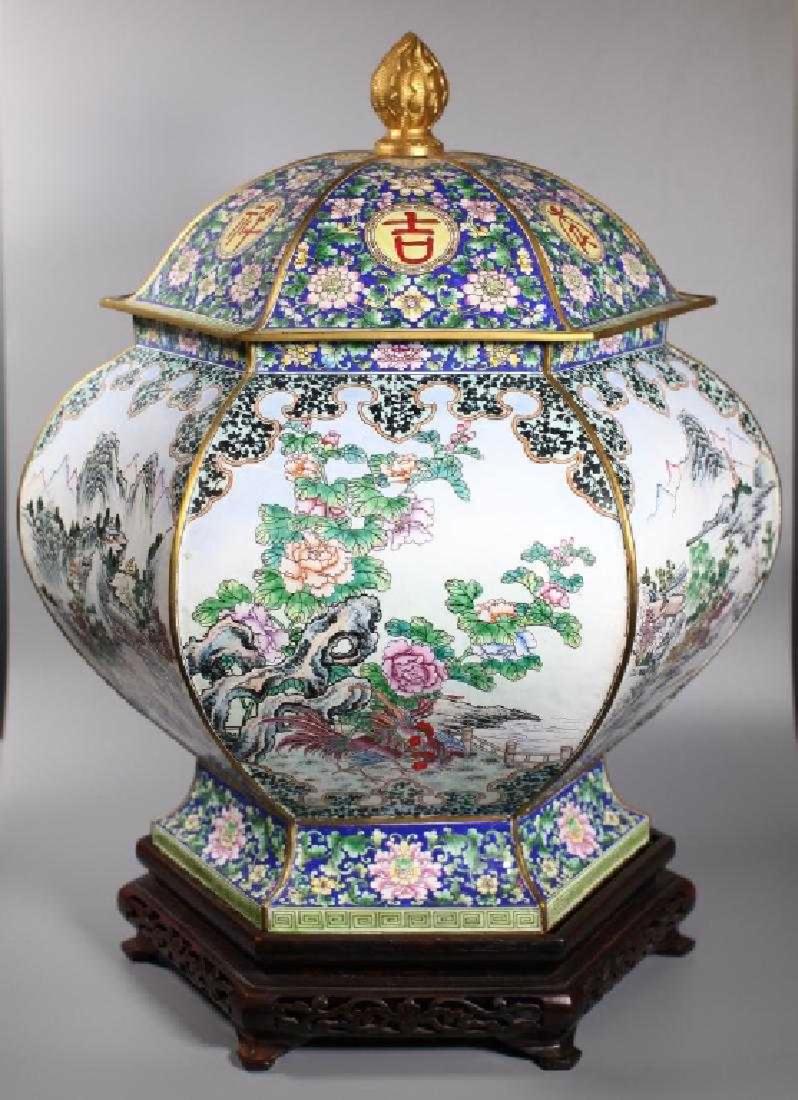 Lg Chinese Hexagonal Canton Enamel Jar Wood Stand (1 of 8)