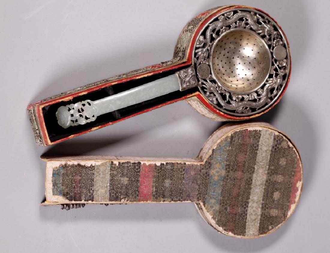 Chinese 19 C Silver Tea Strainer 18 C Jade Handle (1 of 10)