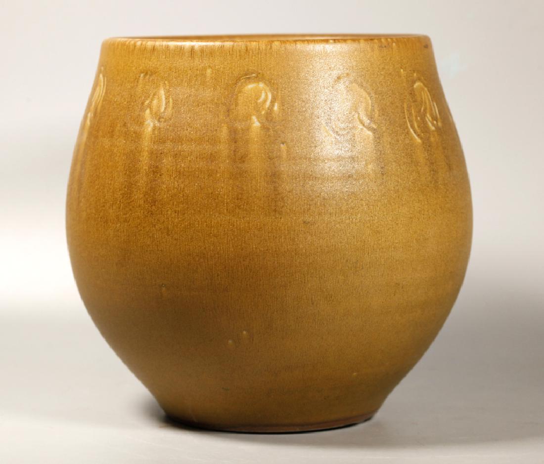 Yngve Blixt Hoganas Large Matte Crystalline Bowl: Yngve Blixt Höganäs Sweden 1920-1981; Large Matte Crystalline mustard glazed bowl with an impressed border near the mouth, base incised with signature, Höganäs and dated 1960. Good condition with