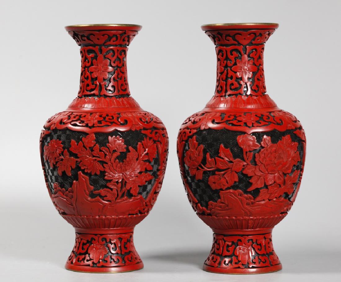 Pair Chinese Cinnabar Red & Black Lacquer Vases (1 of 8)