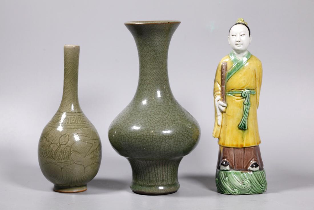 Chinese Yellow Biscuit Figure; 2 Celadon Vases (1 of 10)