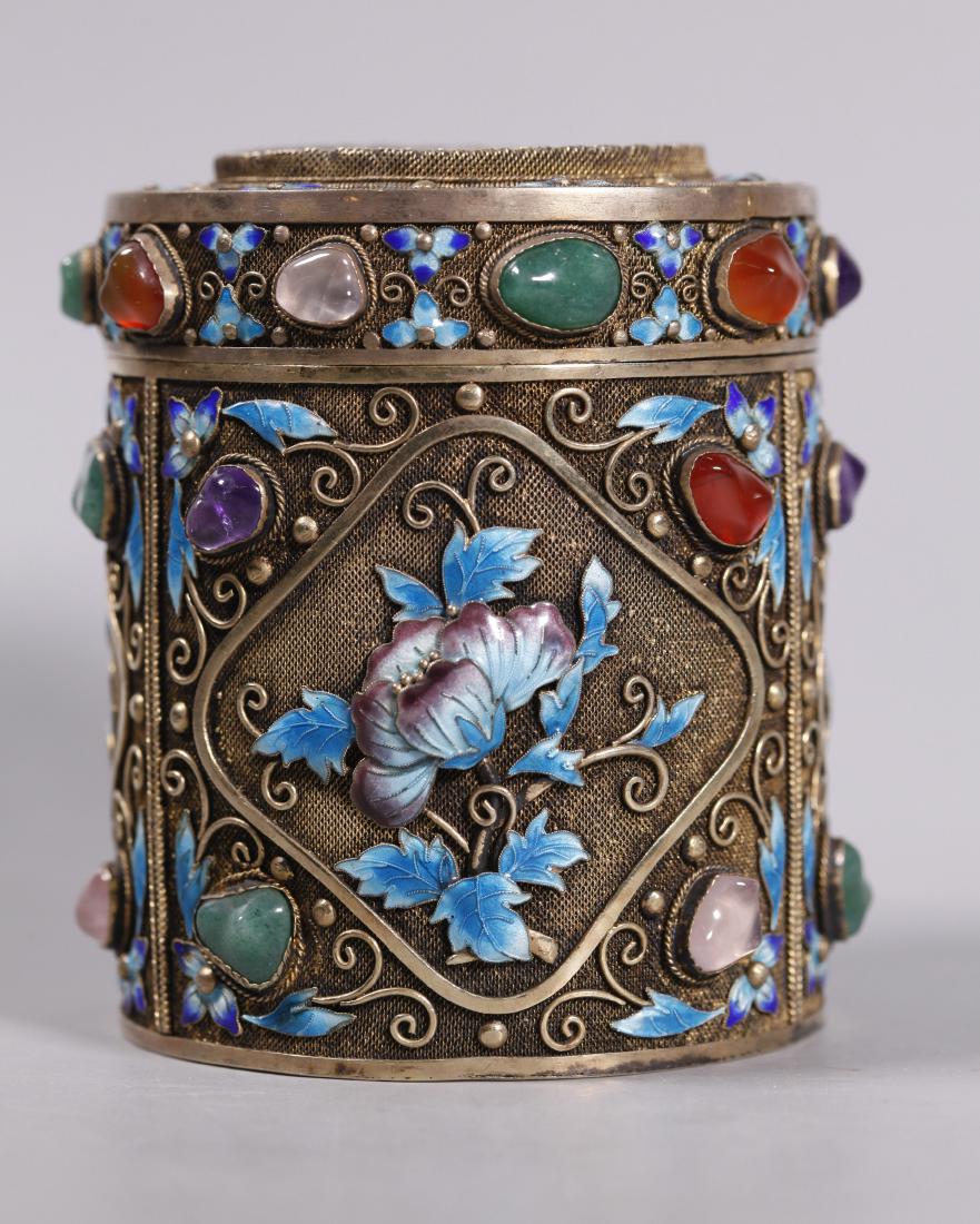 Chinese Silver Wire-Work Enamel & Gem Inlaid Box (1 of 7)