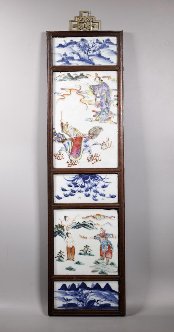 Chinese 19 Century 5 Porcelain Tiles Wood Plaque (1 of 9)