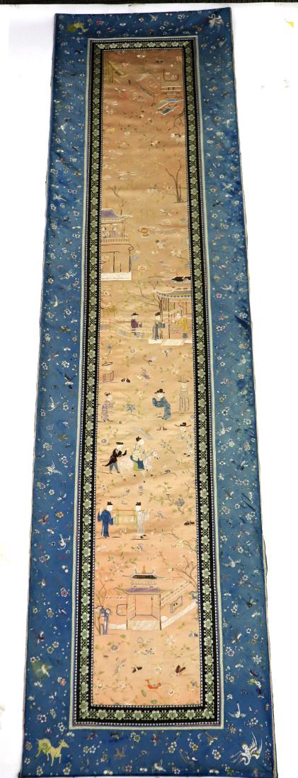 Chinese 18/19 C Satin Stitch Silk Chair Cover: Chinese 18/19 C miniature Satin Stitch and couched gold wrapped threads on cream Silk forming a Chair Cover Strip of figures, birds, insects and flowers in a Garden with Pavilions, the design inverted