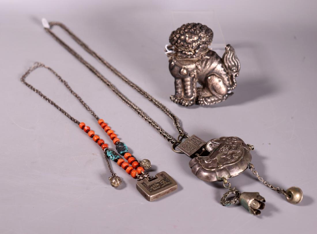 3 Chinese 19 C Silver Pieces; 2 Necklaces, 1 Dog (1 of 10)