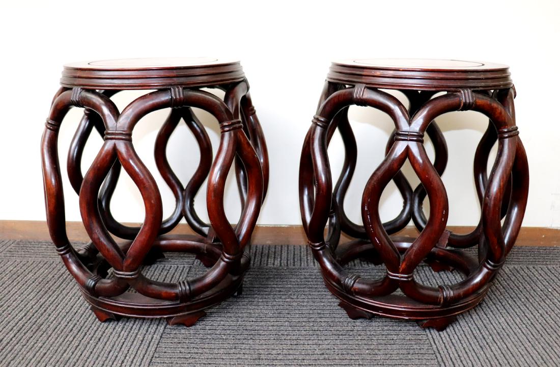 Pair Chinese Carved Hardwood Barrel Garden Seats (1 of 10)