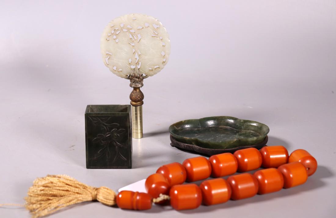 3 Old Chinese Carved Jades; Bakelite Amber Beads (1 of 12)