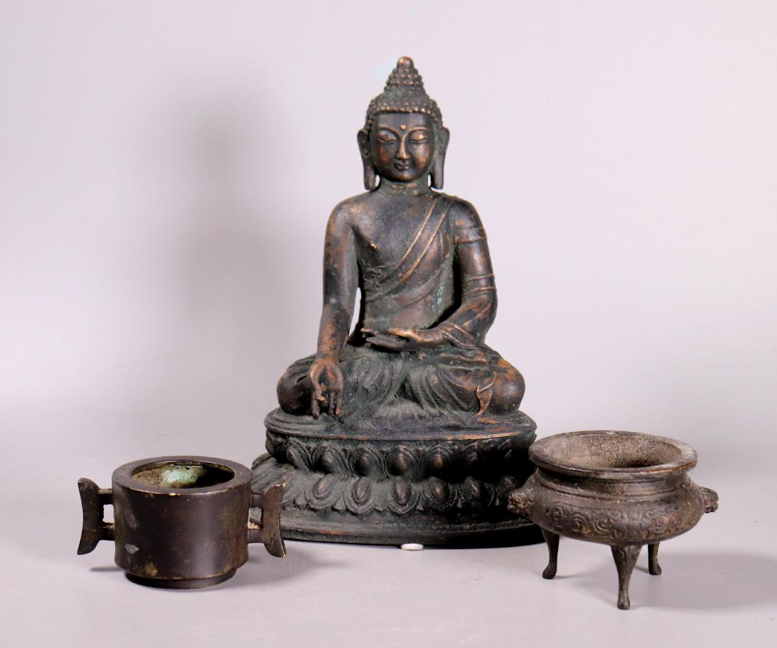 Tibet Bronze Buddha; 2 Chinese Bronze Censers (1 of 9)