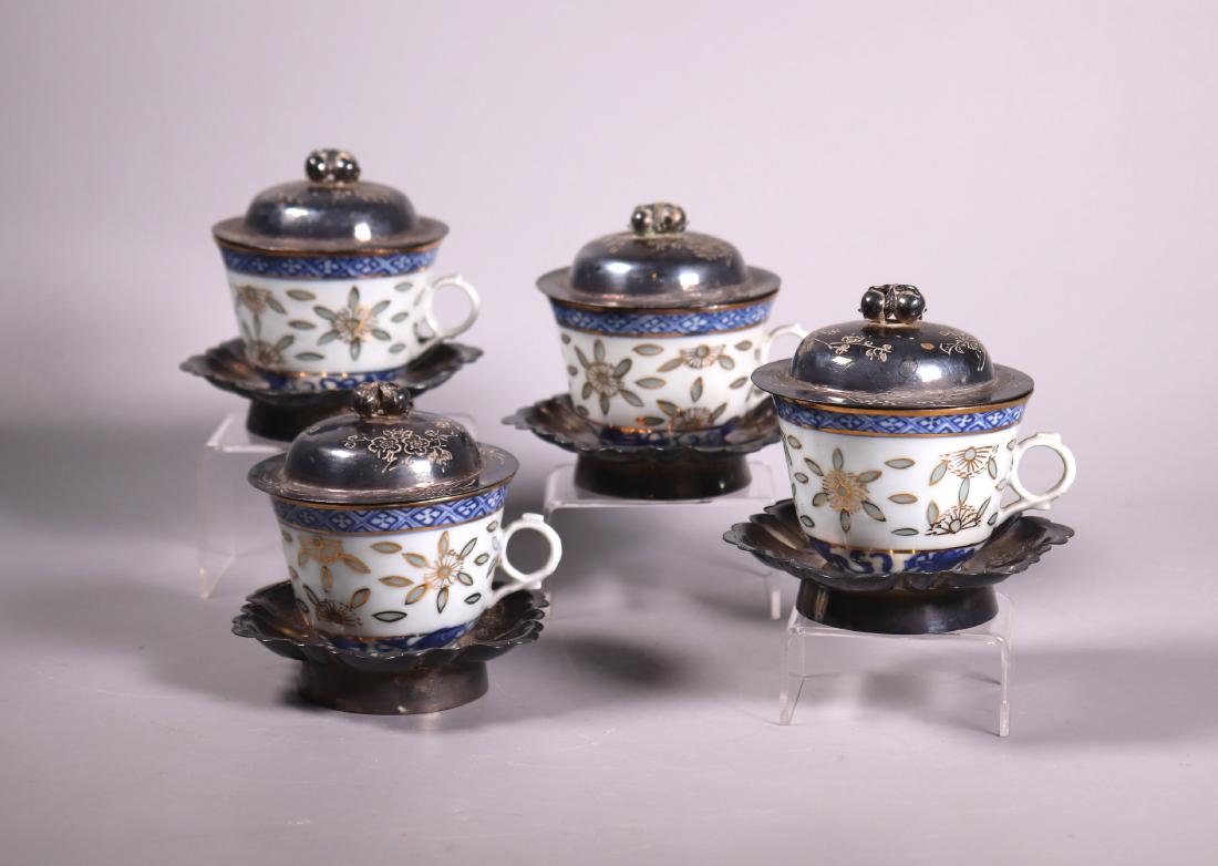 4 Chinese 19C Porcelain Teacup Silver Cover & Tray (1 of 14)
