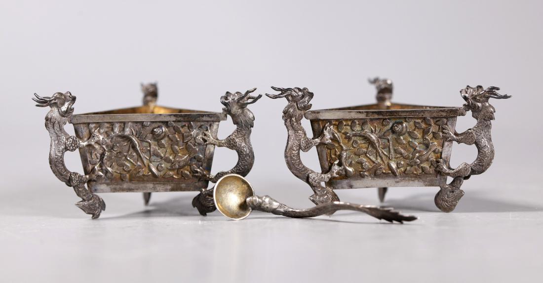 Pr Chinese Silver Dragon Salt Cellars; 1 Spoon (1 of 10)