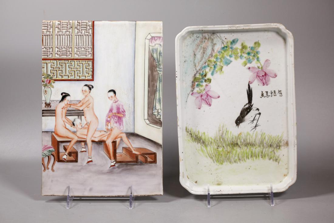 Chinese Erotic Porcelain Plaque; Artist Tea Tray: Chinese Erotic Famille Rose Enameled Porcelain Plaque with 3 Ladies with "Lily Feet" in shoes performing with a Man on a multi-level platform; together with an Artist Painted Tea Tray with bird, flowe