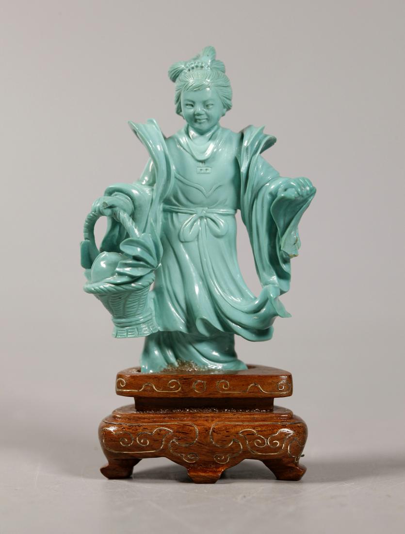 Chinese Carved Clear Turquoise Lady with Peach (1 of 8)