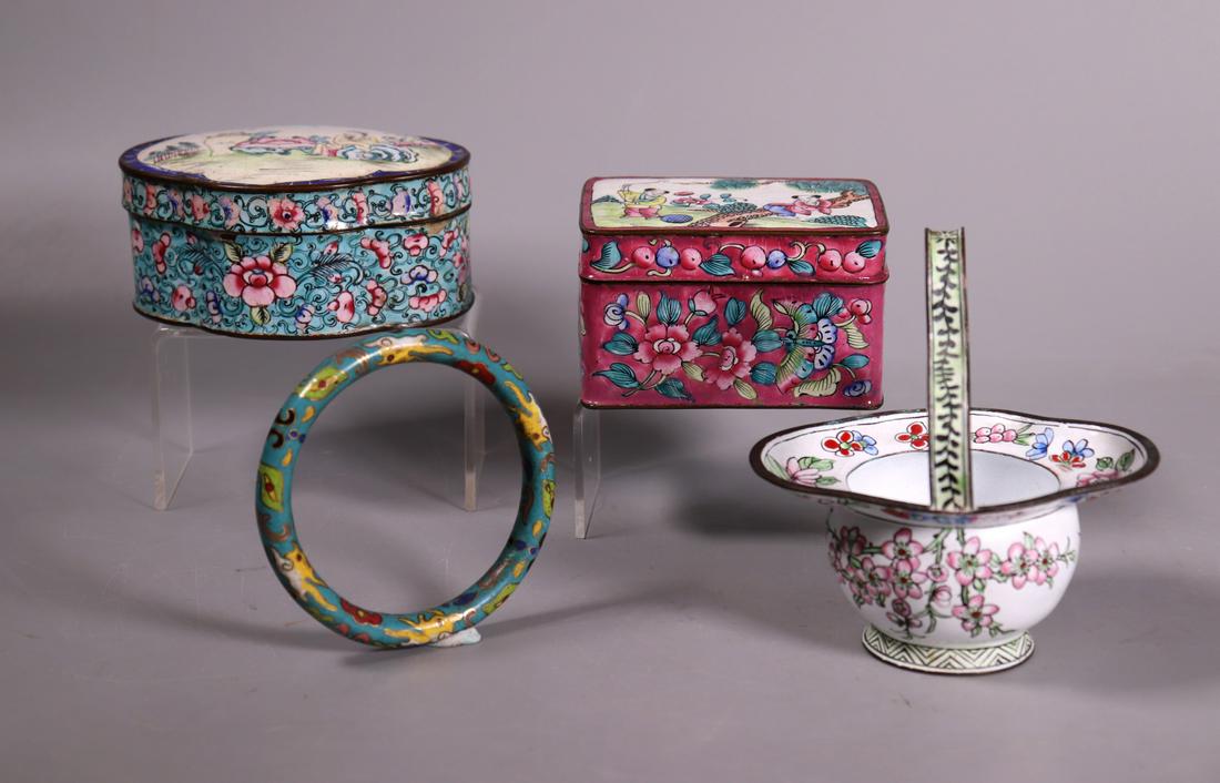 2 Chinese Canton Enamel Boxes Basket, 1 Bangle (1 of 9)