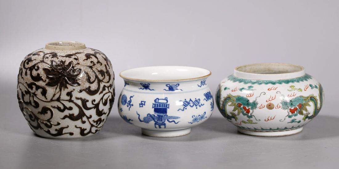 Three Chinese Porcelains, 2 Jars, 1 Incense Burner (1 of 8)