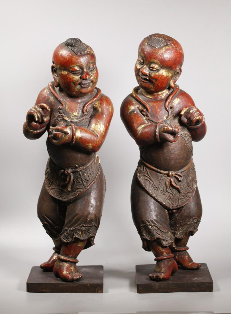 Pr Chinese Lacquered Wood Standing Temple Boys (1 of 7)