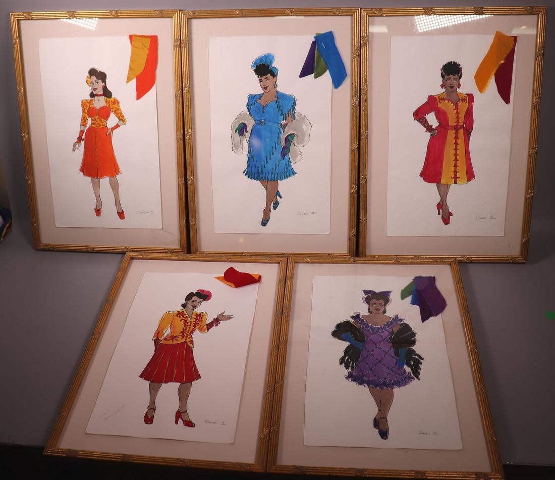 5 African-American Fashion Designs with Swatches: 5 African-American Fashion or Costume Designs with Swatches each well drawn in ink with gouache coloring on paper, possibly for 3 Singers or 3 Actors and titled in ink "Cleo 1 & 2," "Sheri 1 & 2," and