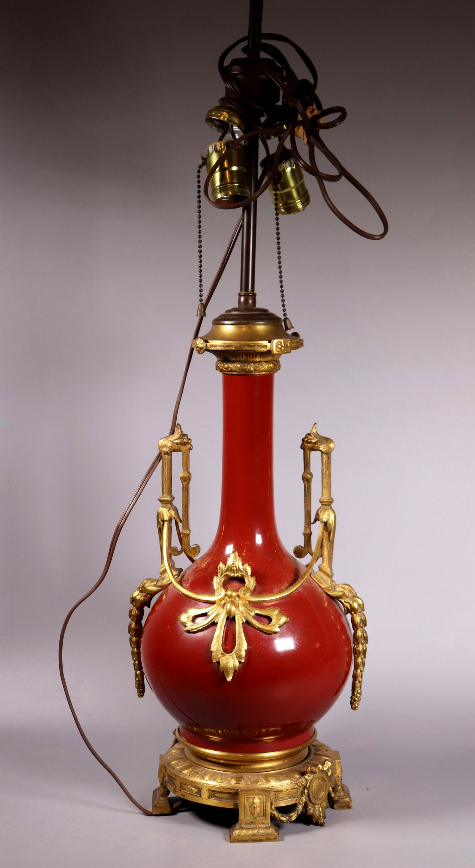 Chinese Red Porcelain Bottle Vase Gold Mounts (1 of 7)