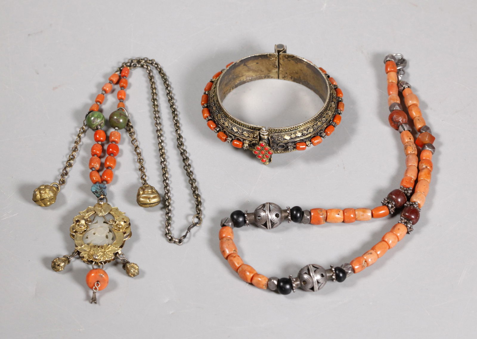 3 Chinese or Tibetan Silver & Coral Jewelry (1 of 8)