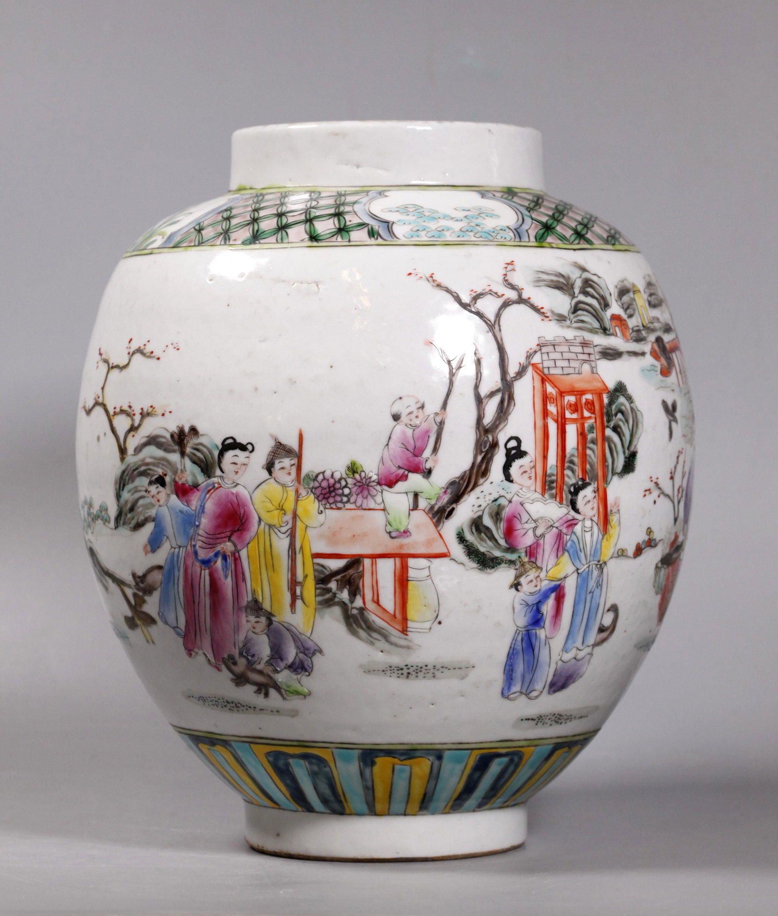 Chinese Rose Verte Enameled Porcelain Lantern Vase: Chinese Rose Verte Enameled Porcelain Lantern Vase with a design of Figures and Pavilions in a Landscape; brocade border to shoulder. Age related wear to porcelain and enamels. Height 10 3/4 inches (2