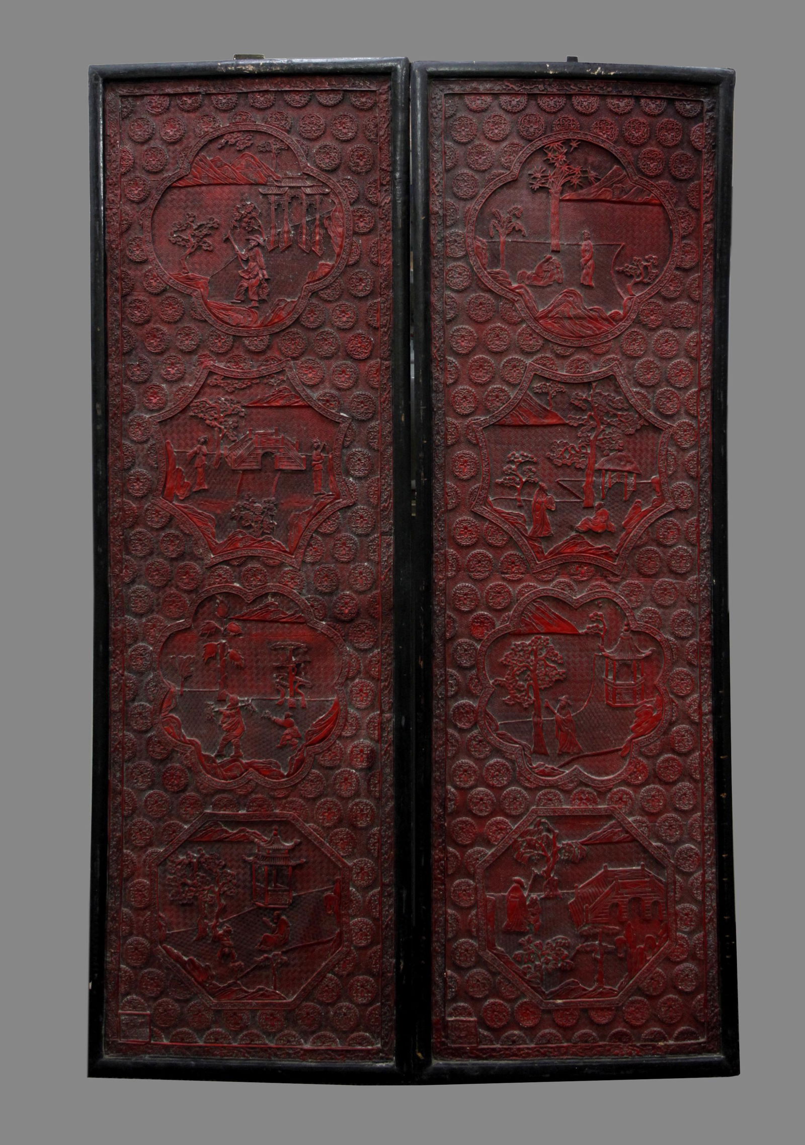 Pair Large Chinese Red Lacquer Composition Panels (1 of 7)