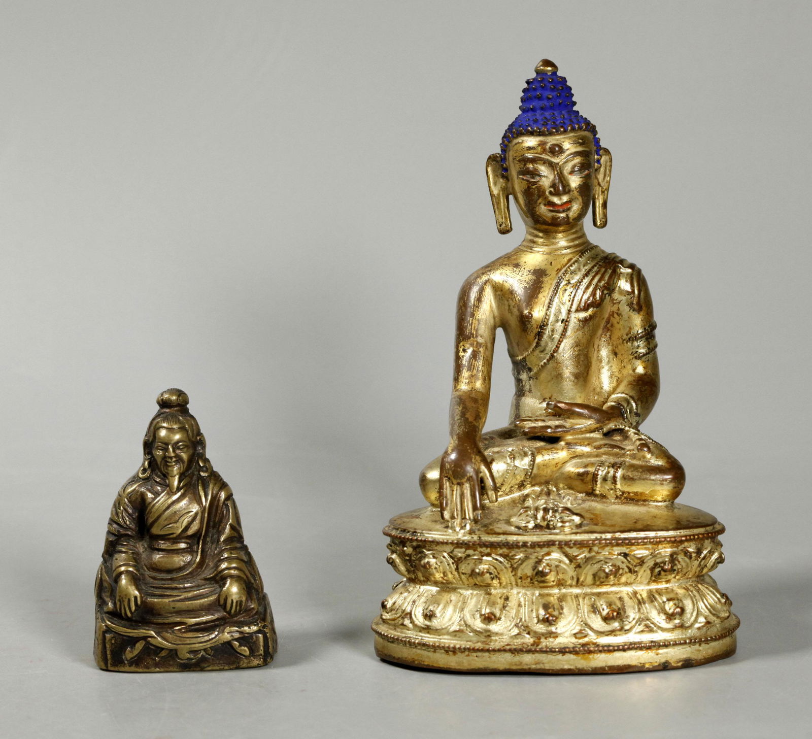 Tibetan 19 C Gilt Bronze Buddha; Sm Bronze Lama (1 of 7)