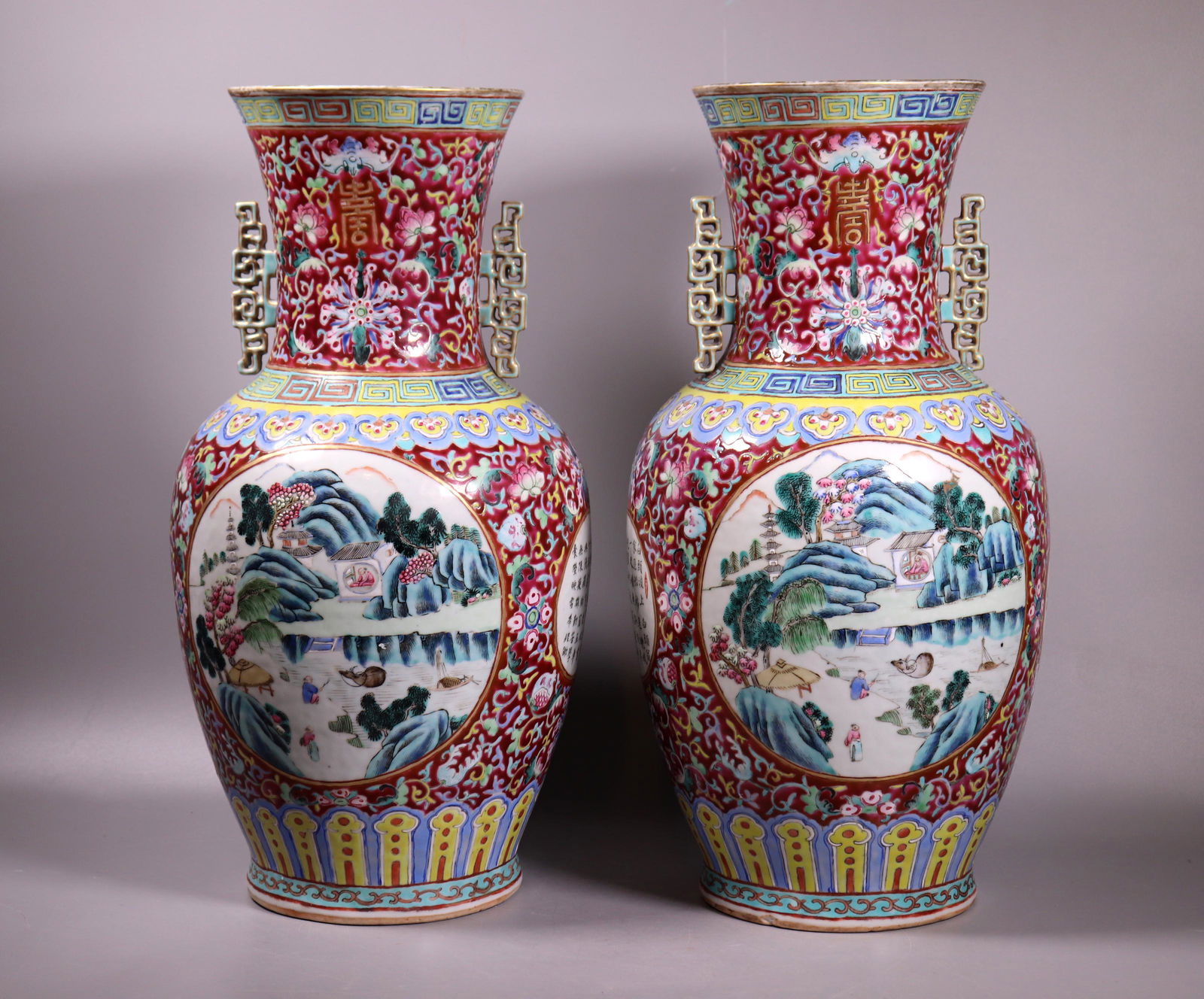 Pr Chinese Ruby Enameled Porcelain Landscape Vases (1 of 13)
