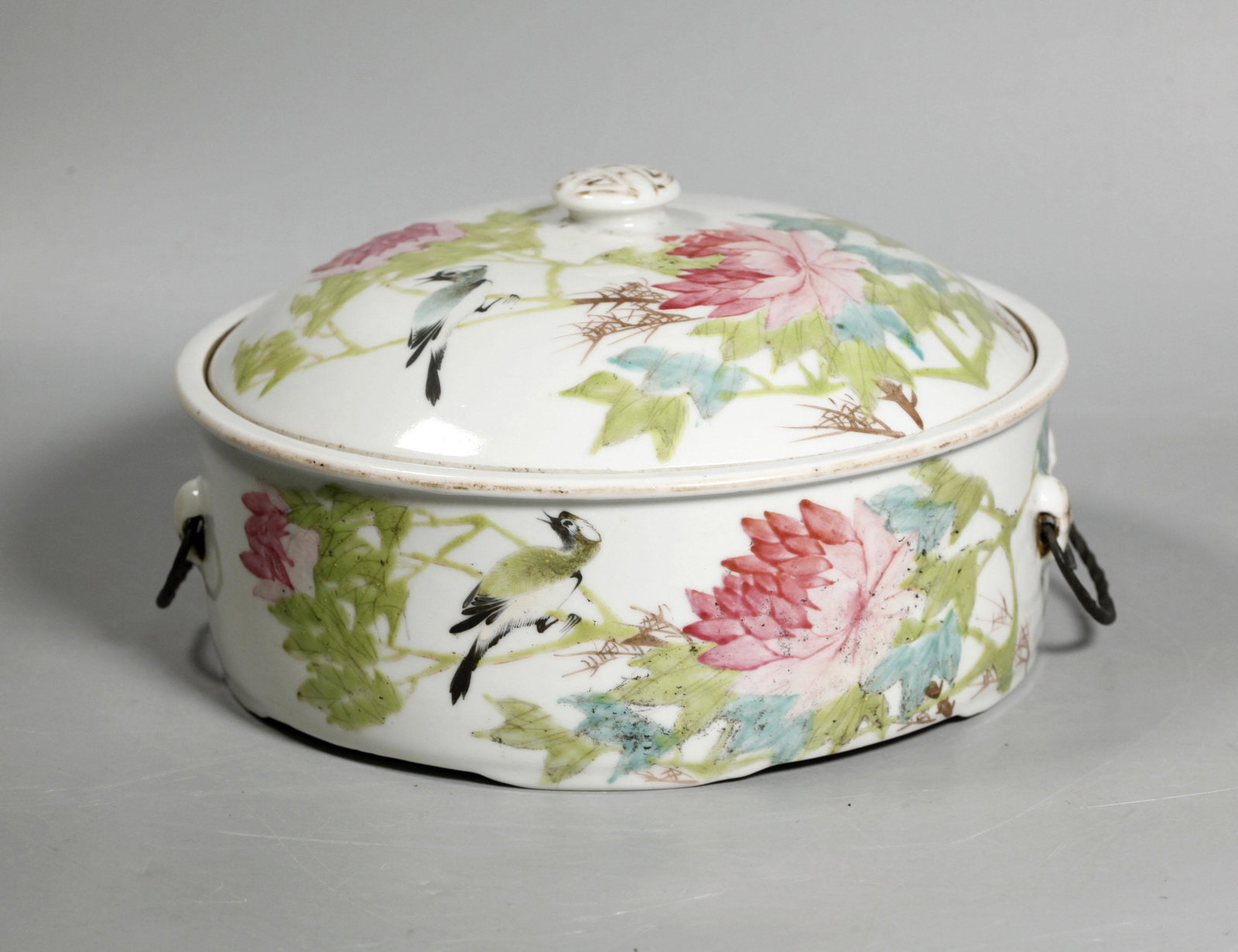 Chinese Qing Artist Painted Porcelain Bowl & Cover: Chinese Qing Dynasty Artist Painted Porcelain Bowl on 5 feet with unglazed base & Cover with a design of green birds and pink peonies, the inside with water-weeds and swimming small fish, the side and