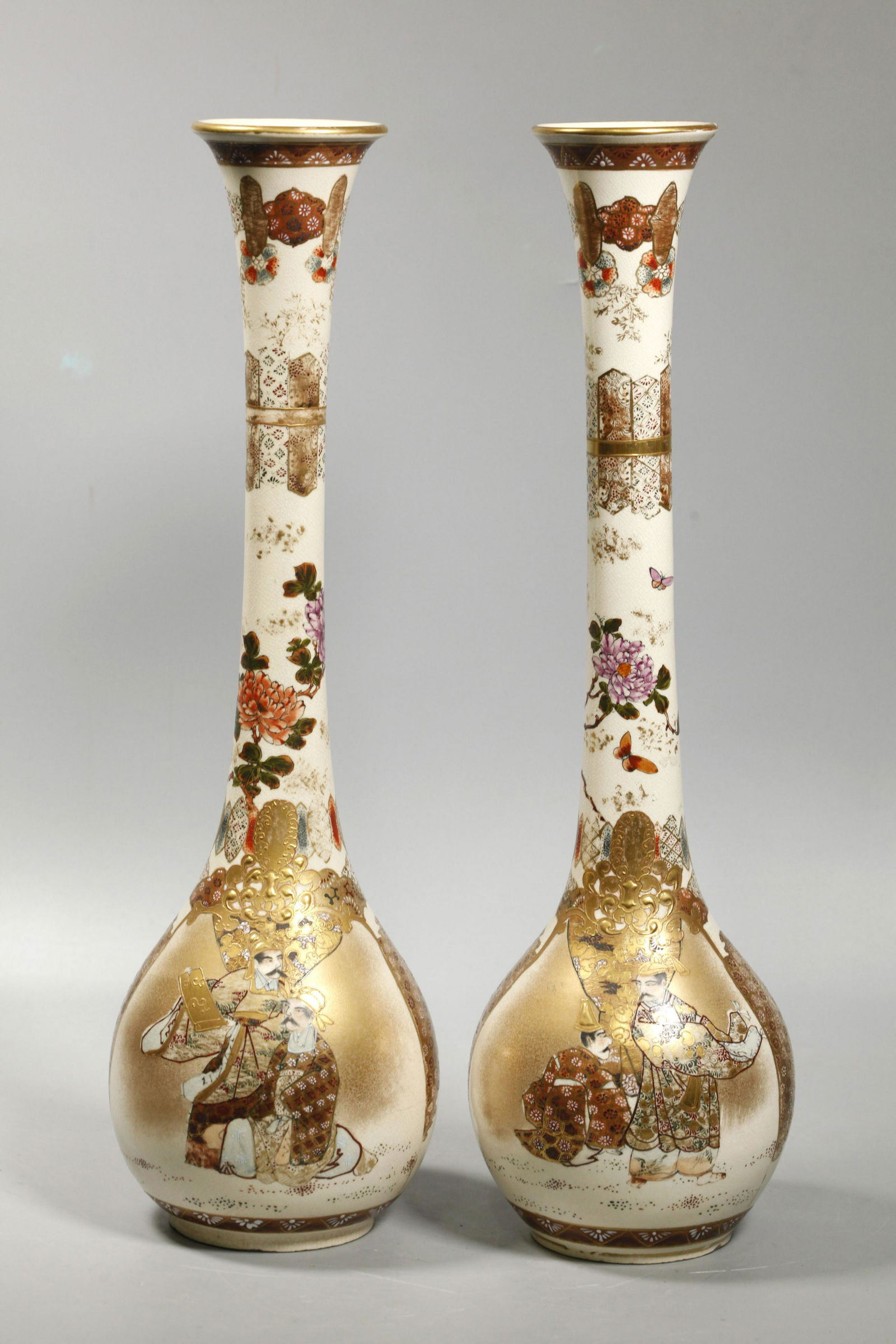 Pair Japanese Satsuma Trumpet Mouth Vases (1 of 9)